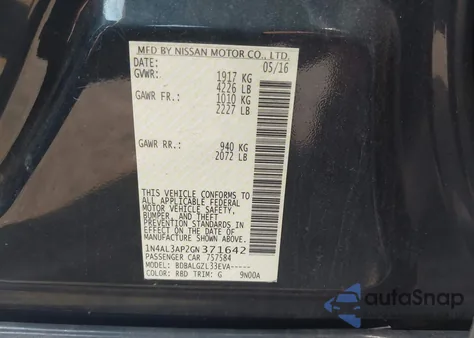 2016 Nissan Altima 2.5 S z USA, uszkodzony, nr VIN 1N4AL3AP2GN371642